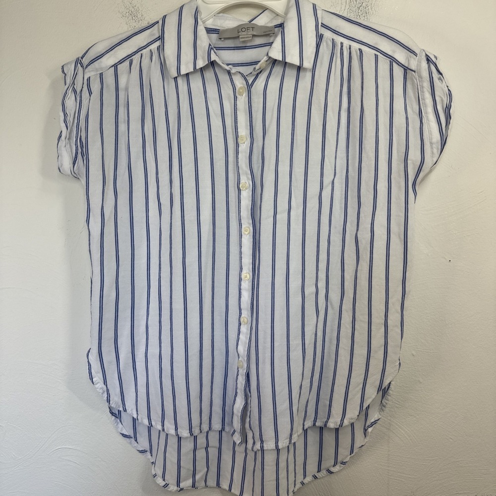 Loft Women's Striped Short Sleeve Shirt Size XXS Blue White Nautical Coastal